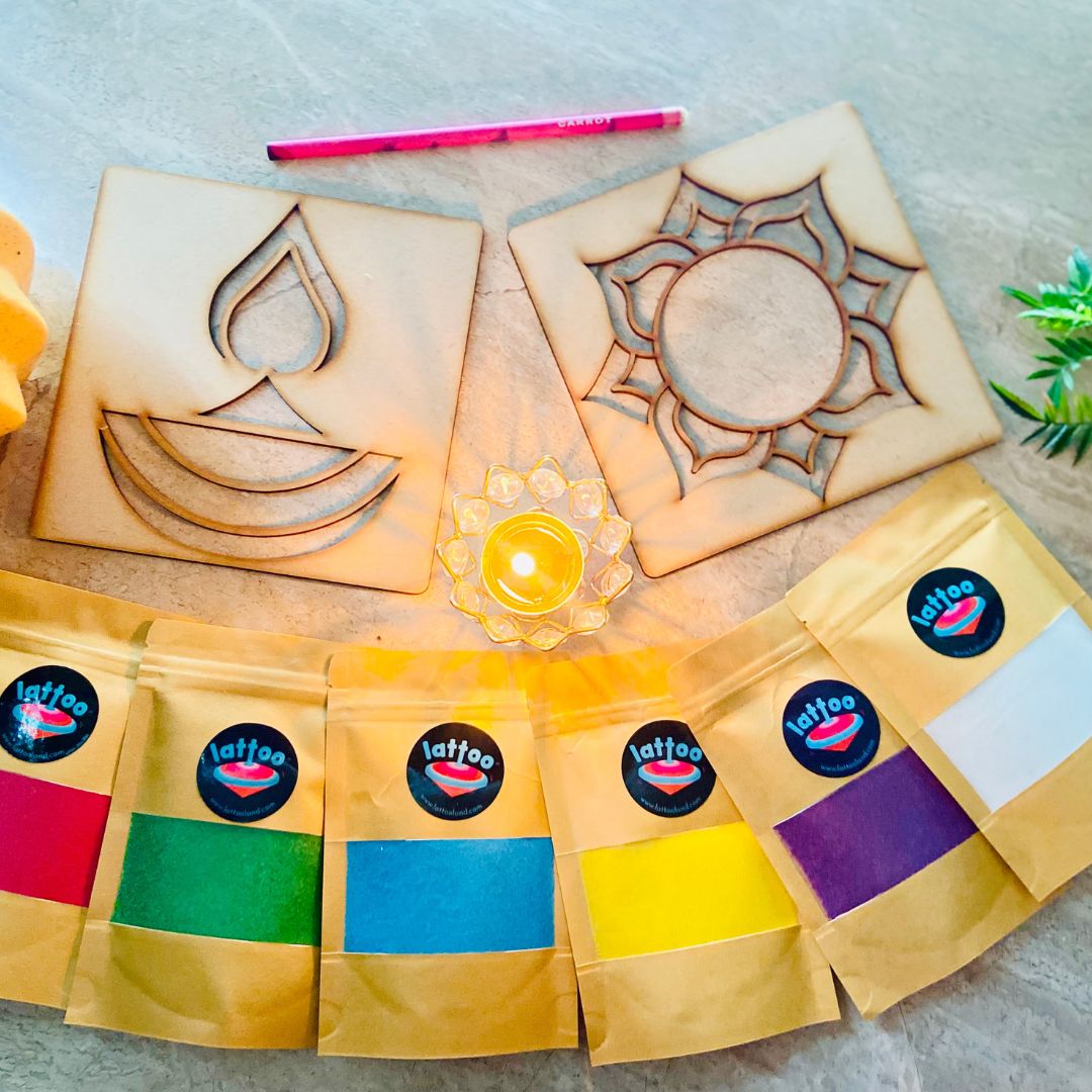 Set of 6 Organic Rangoli Powder with 2 Wooden Stencils