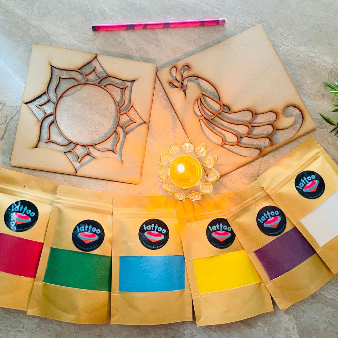 Set of 6 Organic Rangoli Powder with 2 Wooden Stencils | DIY activity