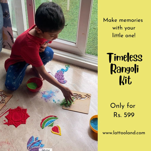 A small boy making rangoli using stencil and Lattoo food grade rangoli powders priced Rs.600