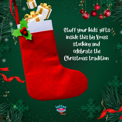 Big, Red and white coloured Christmas stocking for kids to stuff Christmas gifts .Big Size Christmas Stocking for Kids, featuring festive designs and ample space for holiday treats and gifts. Perfect for adding holiday cheer and excitement to Christmas morning