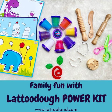 Creative play dough kits for kids made with safe, organic, non-toxic materials, perfect for imaginative and sensory play. Lattoodough -8,wooden stamp,wooden kife,wooden rolling pins-2,kids friendly scissor-1,metal dough cutters -2,activity cards-3