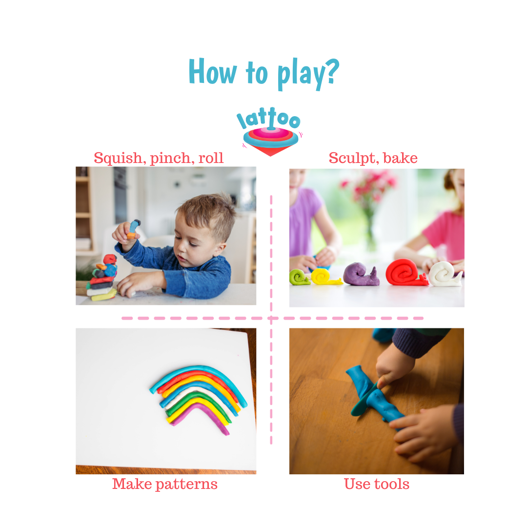 How to play with play dough? Squish, Scult, Bake, make patterns, roll, pinch the sensory Lattoo Dough