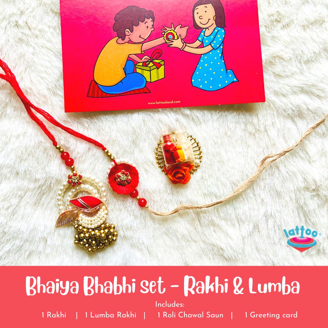 Colorful Rakhi set for Bhaiya and Bhabhi, designed for Raksha Bandhan celebrations with traditional and festive elements