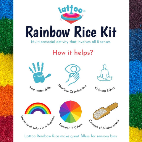 Colorful rainbow rice kit for sensory play, perfect for kids to explore colors, shapes, and tactile sensations Multi sensory play kit, aids in fine motor skills, hand eye coordination, calming effect, concept of colors & measurement learning