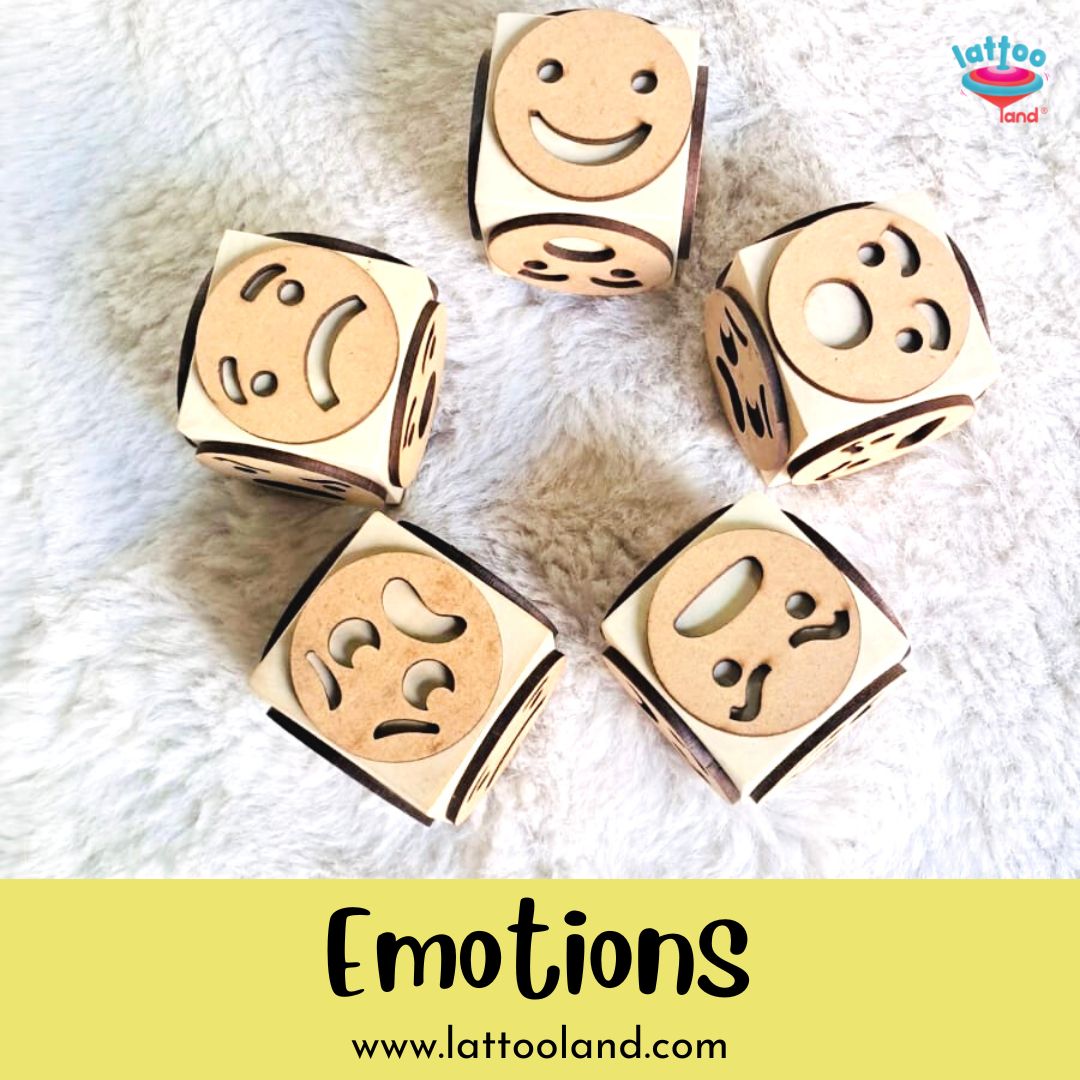 Kids learning expression recognition with a wooden emotions stamp toy