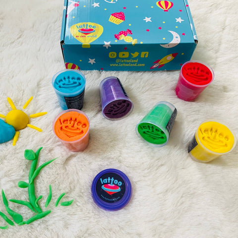A colorful clay dough set for kids, ideal for imaginative play, sensory activities, and creative crafts.6 different bright colored Lattoodough with tubs, Lattoo Packaging box in Turquoise color