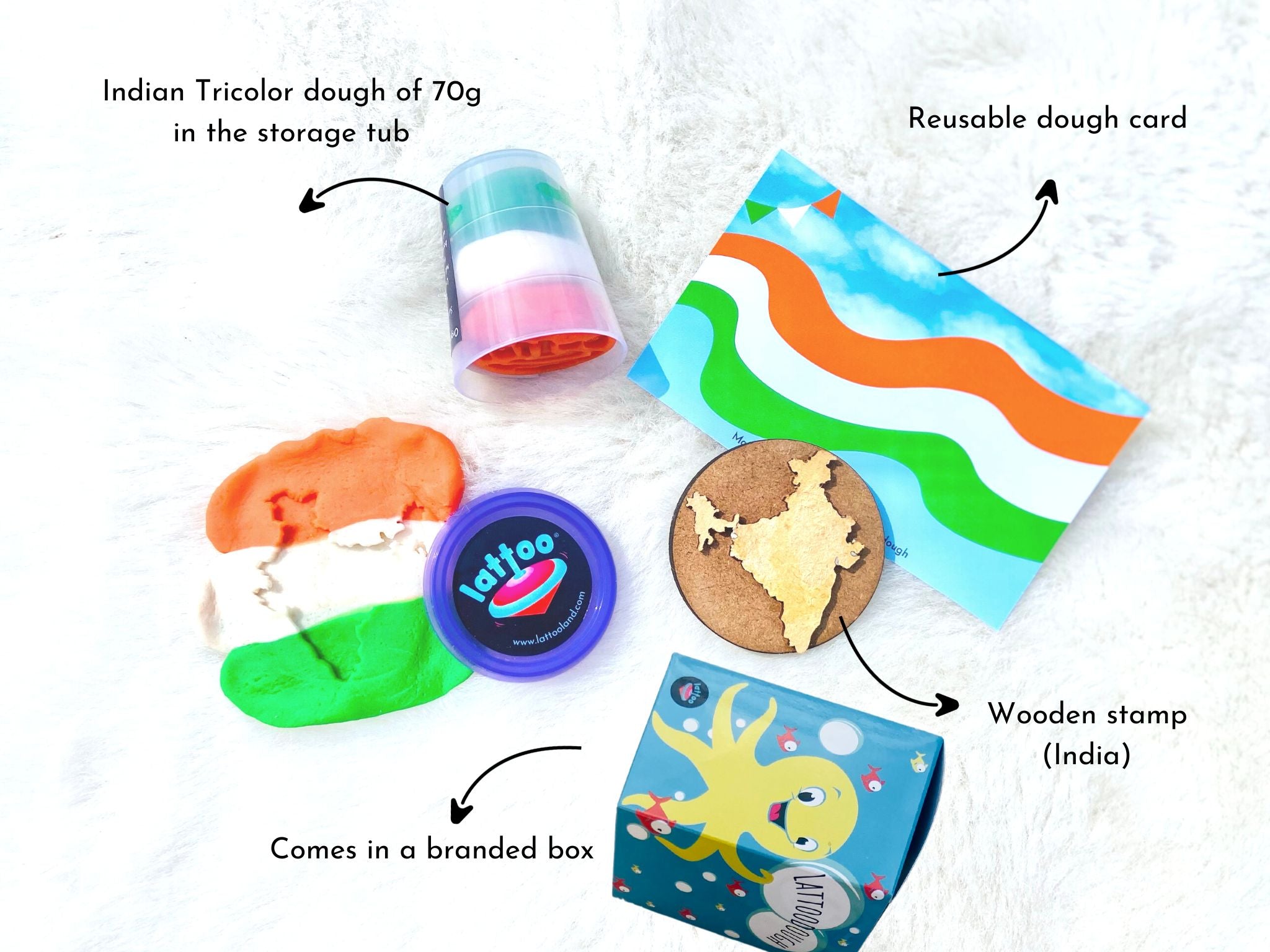 Tricolor dough pocket set for toddlers, providing safe and educational sensory play activities. Tricolor dough in a tub, tricolor reusable dough mat, Wooden Stamp with India symbol 